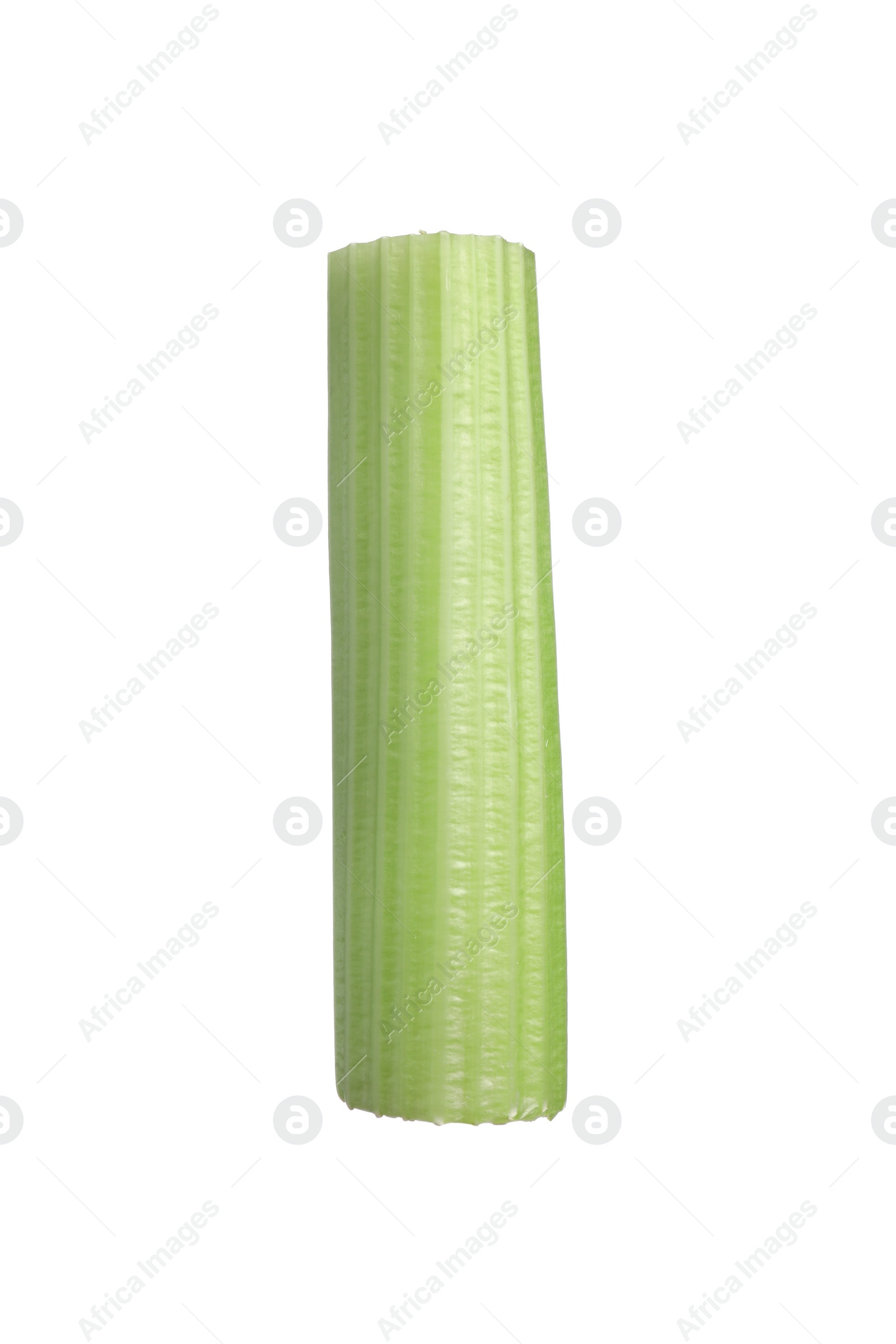 Photo of One slice of fresh celery stalk isolated on white