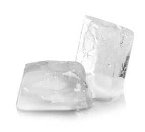 Transparent ice cubes melting on white background