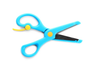 Pair of training scissors on white background