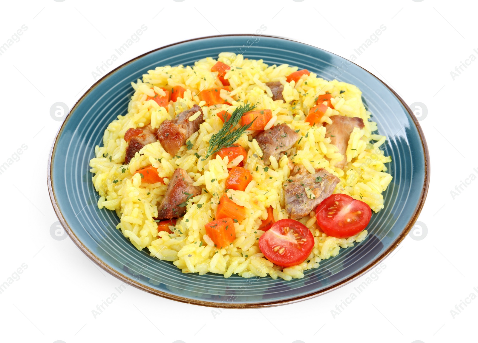 Photo of Delicious pilaf with meat isolated on white