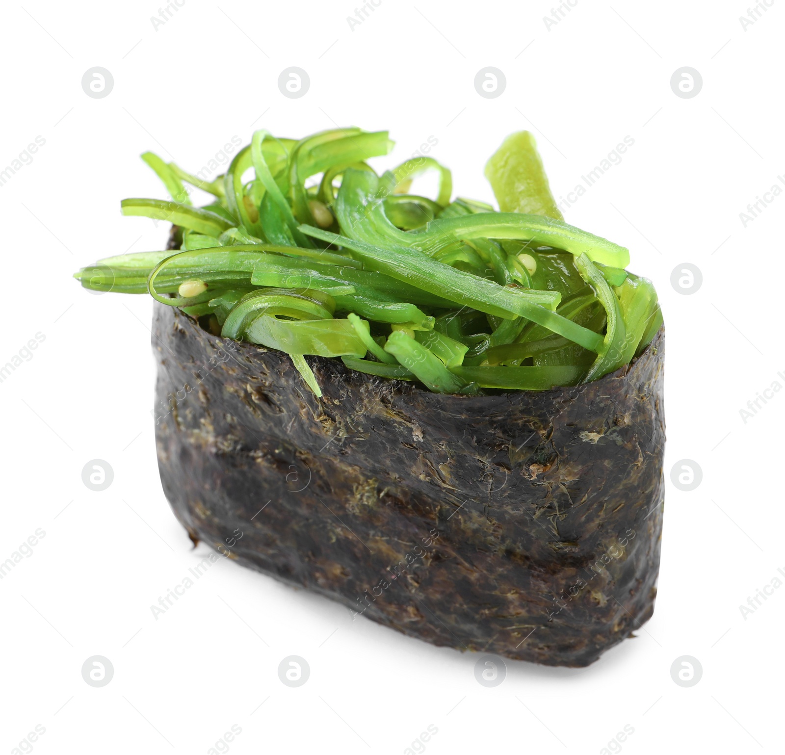 Photo of Delicious sushi with seaweed salad isolated on white