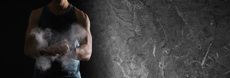 Image of Collage with photo of strong man applying magnesium powder in modern gym and grunge surface. Banner design, space for text