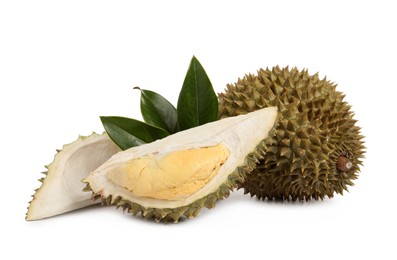 Photo of Cut and whole ripe durians on white background