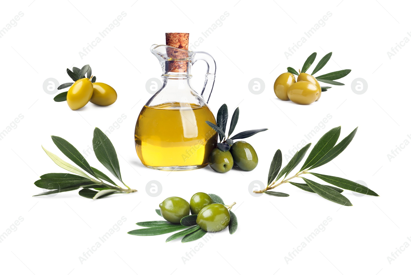 Image of Jug of oil, ripe olives and leaves on white background 