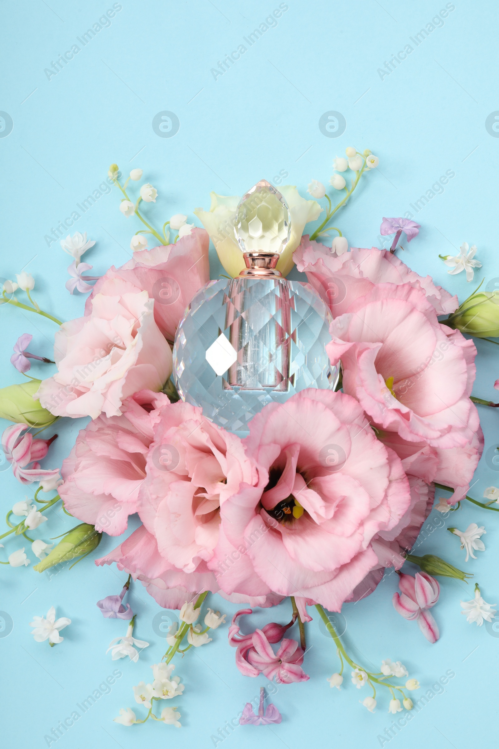 Photo of Luxury perfume and floral decor on light blue background, flat lay