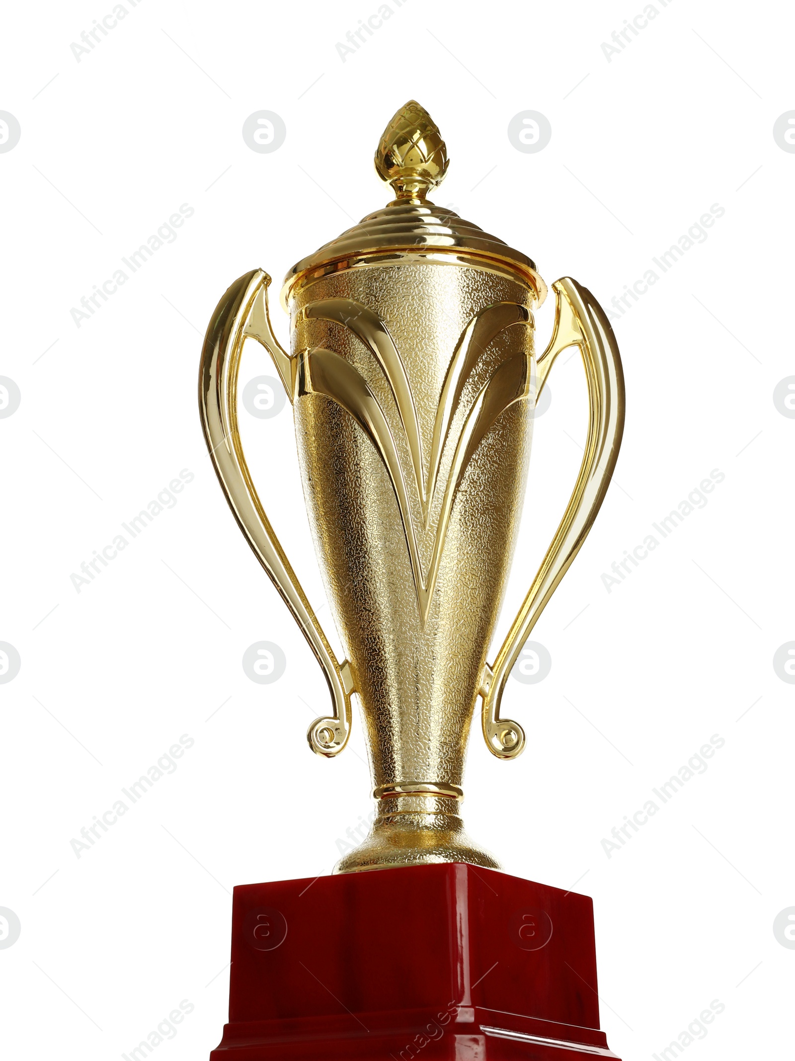 Photo of Shiny gold cup on white background. Winner's trophy