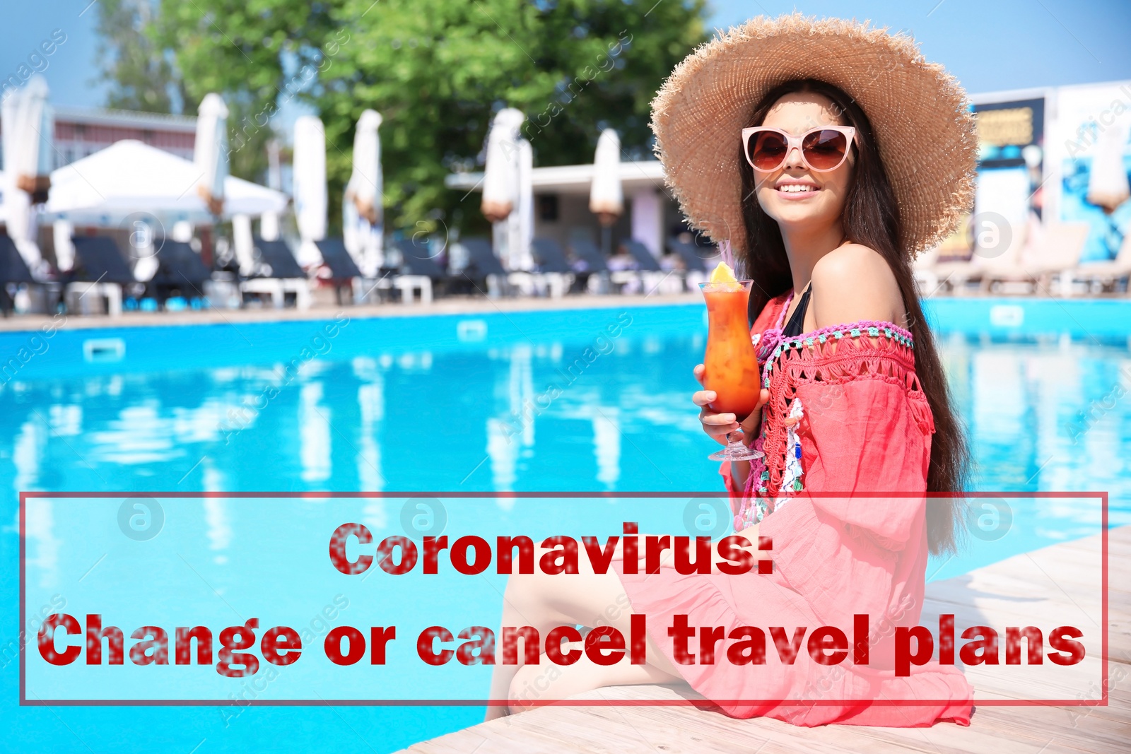 Image of Vacation cancellation concept. Beautiful young woman with cocktail sitting near outdoor swimming pool