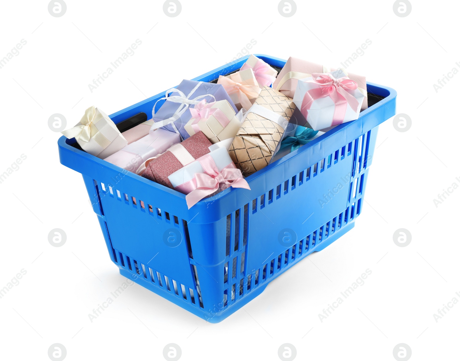 Photo of Blue shopping basket with different gifts on white background