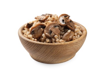 Photo of Delicious pearl barley with mushrooms in bowl isolated on white