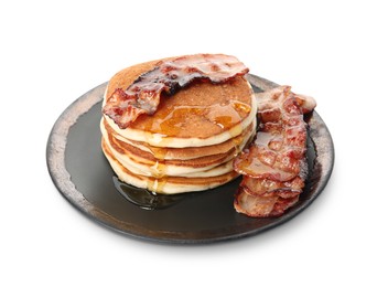 Photo of Delicious pancakes with maple syrup and fried bacon on white background