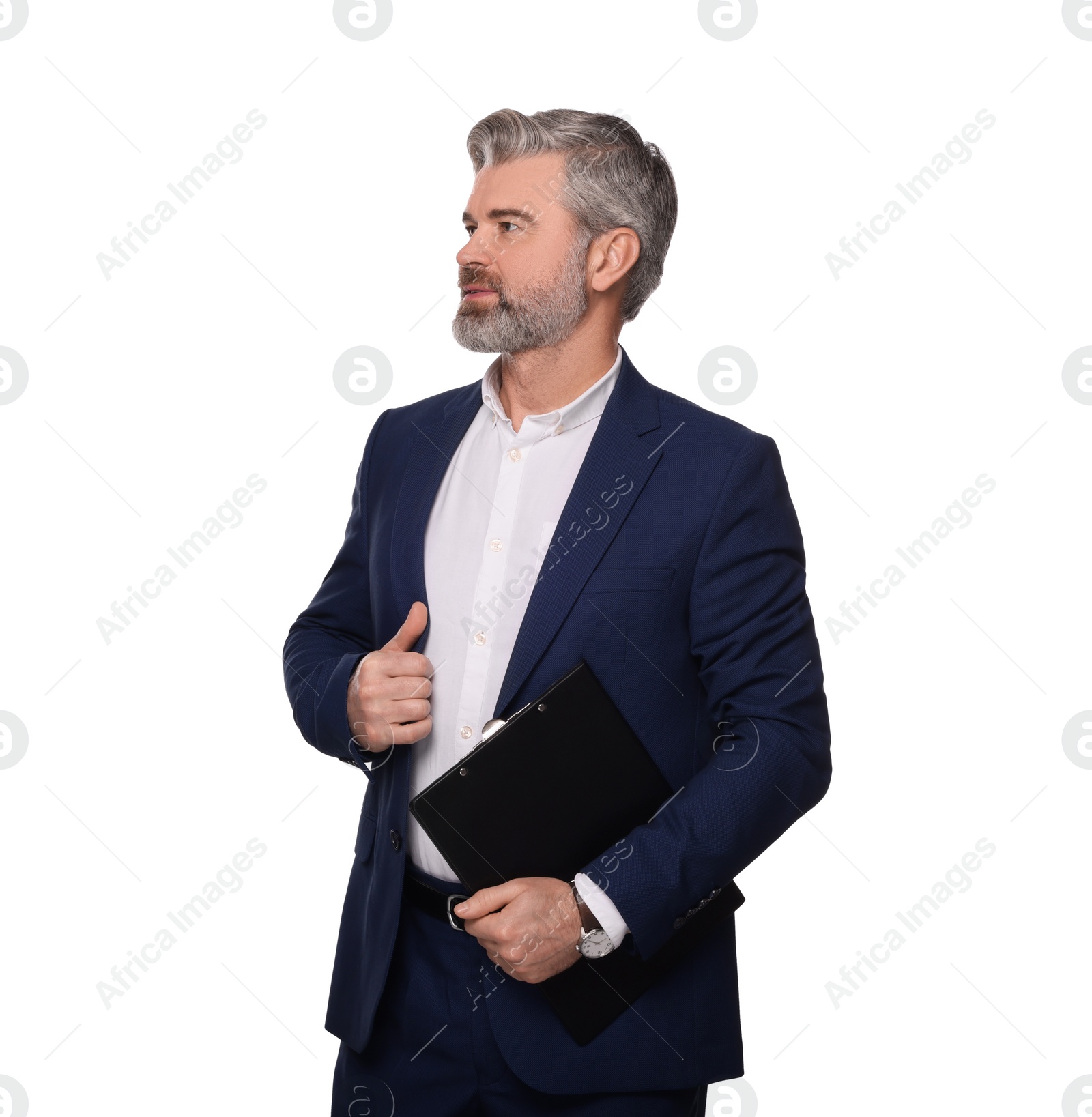 Photo of Portrait of serious man with clipboard on white background. Lawyer, businessman, accountant or manager