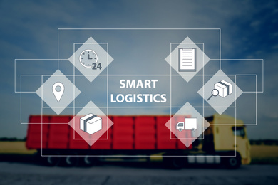 Image of Smart logistics concept. Truck on country road and scheme with icons