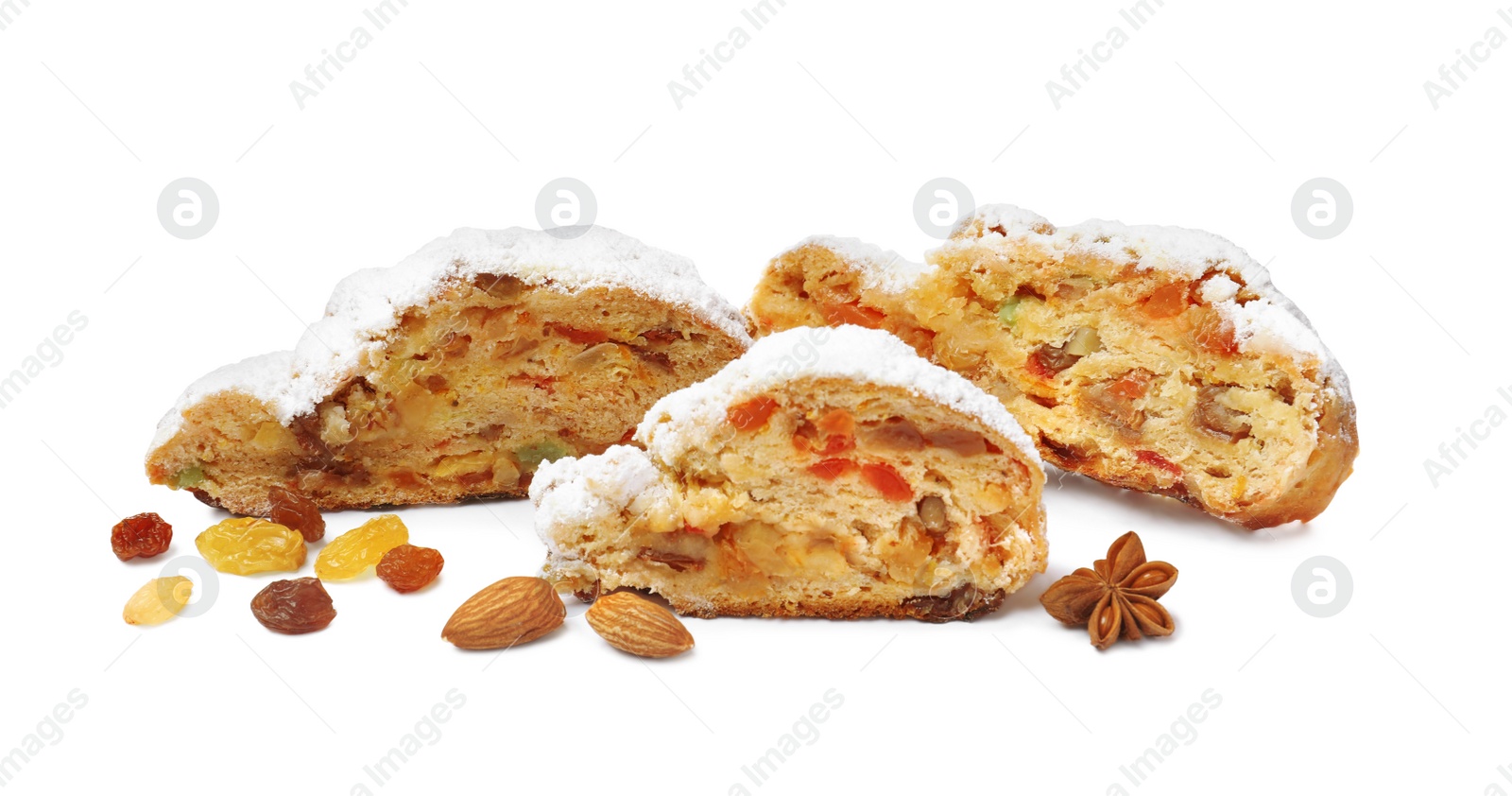 Photo of Traditional Christmas Stollen with icing sugar on white background