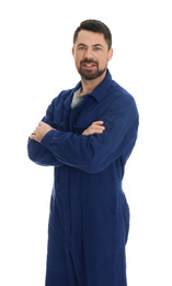 Portrait of professional auto mechanic on white background