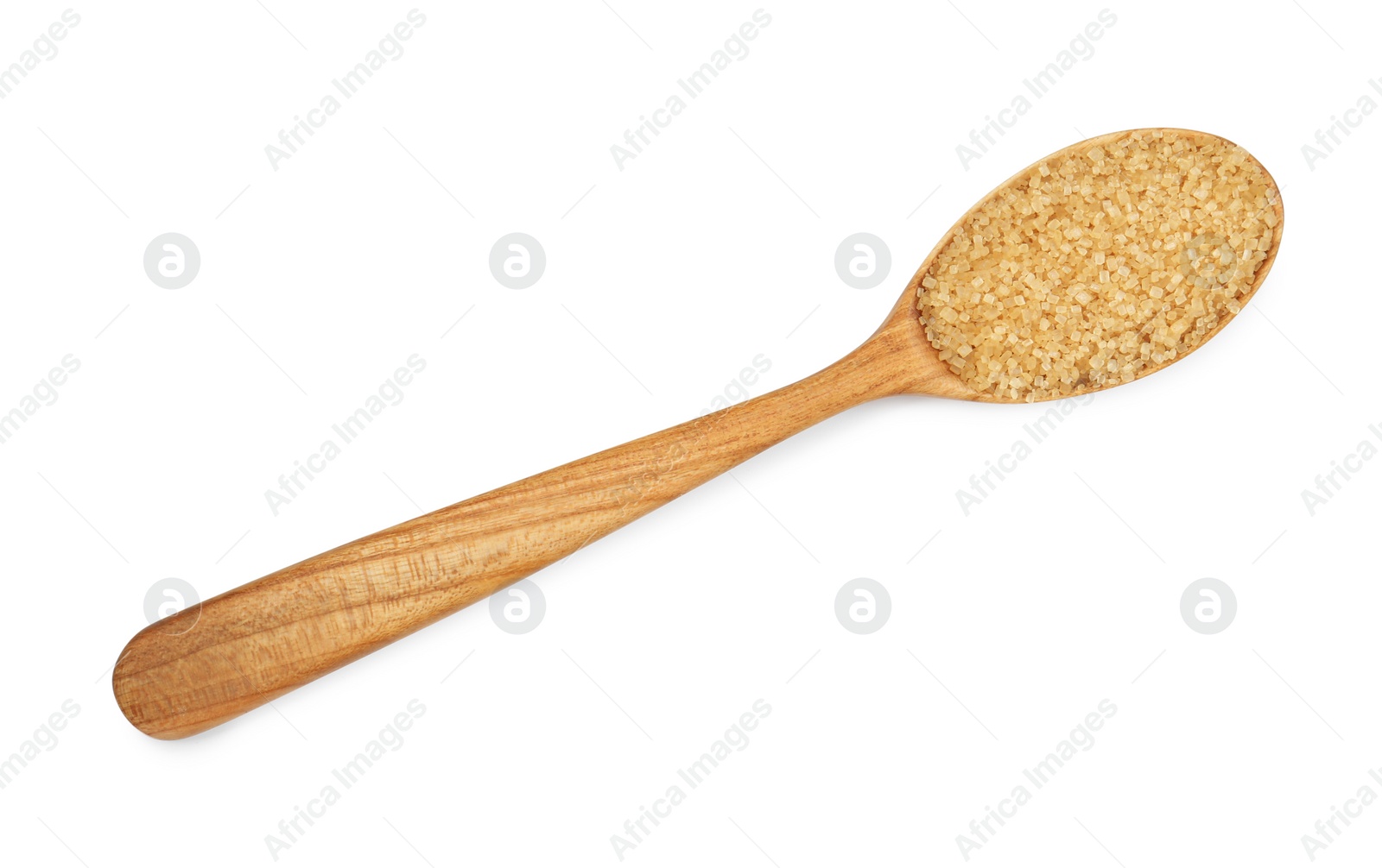 Photo of Brown sugar in spoon isolated on white, top view