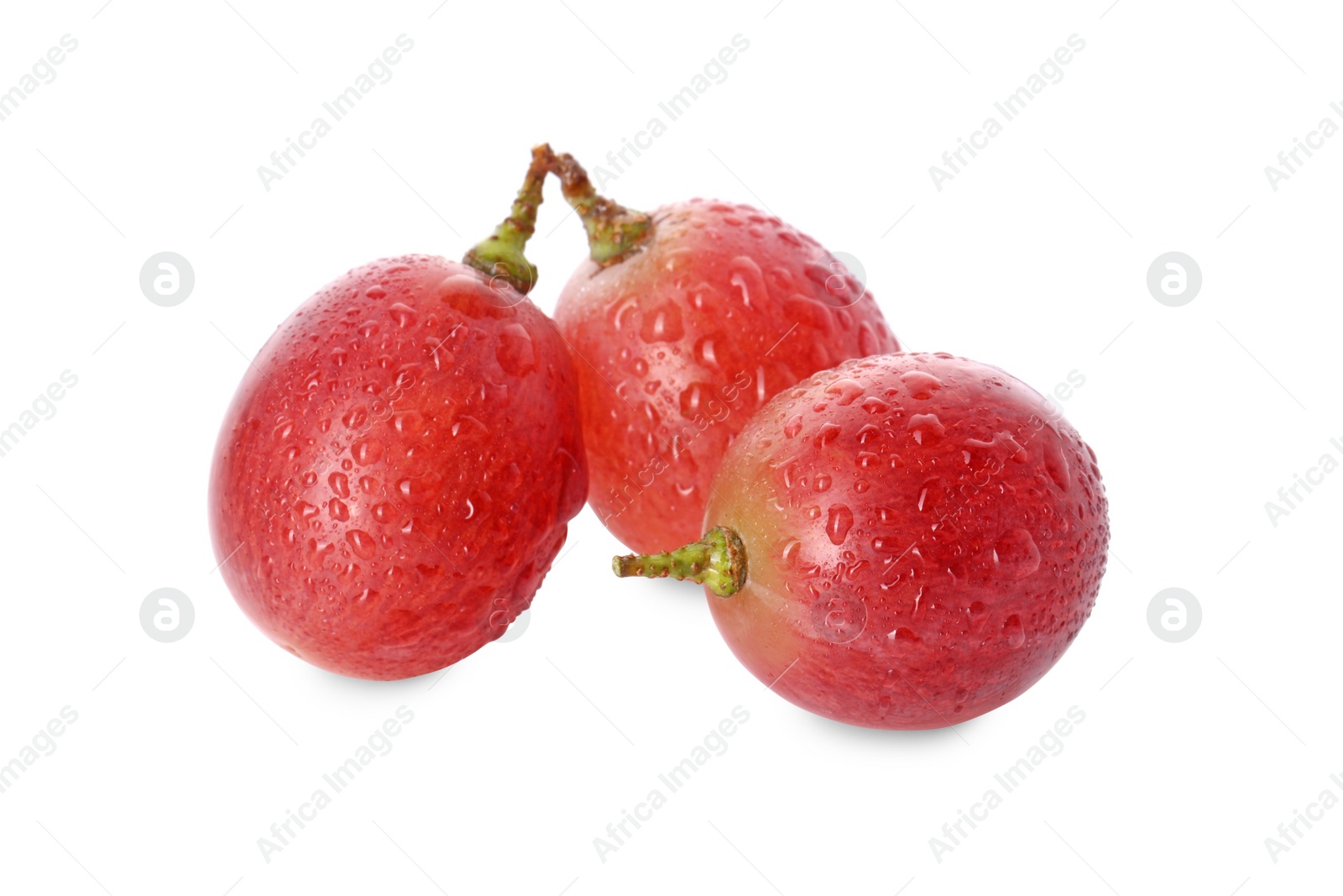 Photo of Delicious ripe red grapes with water drops isolated on white