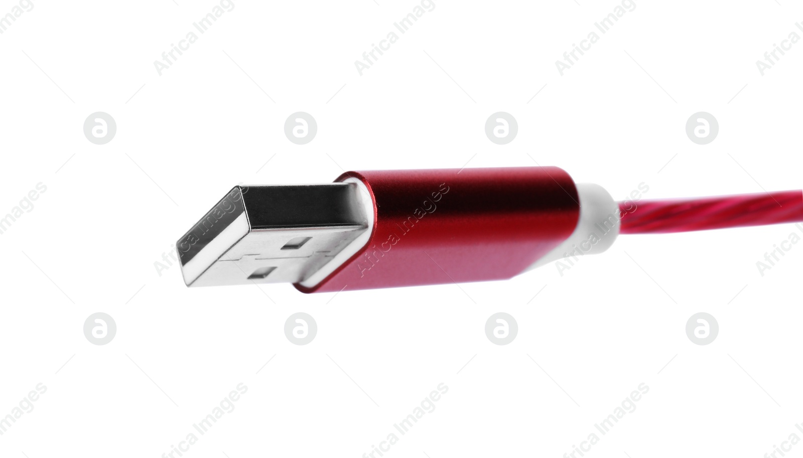 Photo of Red USB cable isolated on white. Modern technology