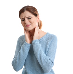 Photo of Woman suffering from cough isolated on white