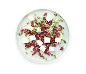 Photo of Delicious fresh carrot salad with feta cheese isolated on white, top view