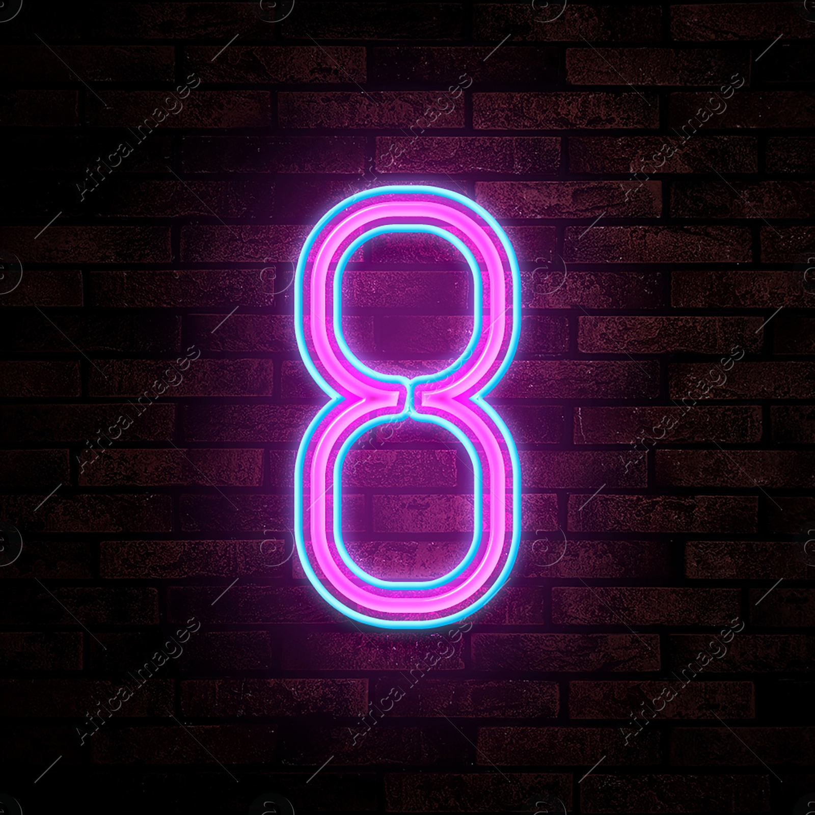 Image of Glowing neon number 8 sign on brick wall