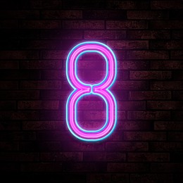 Image of Glowing neon number 8 sign on brick wall