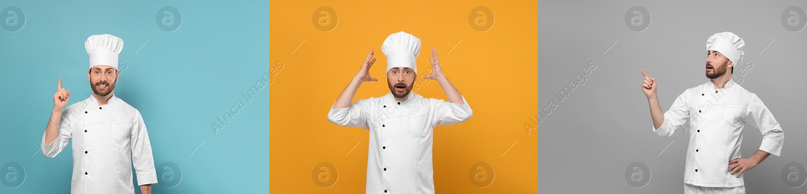 Image of Chef in uniform on different color backgrounds, collage design