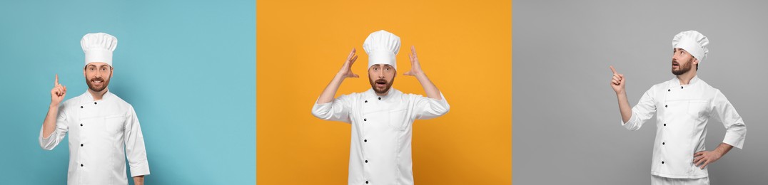 Chef in uniform on different color backgrounds, collage design