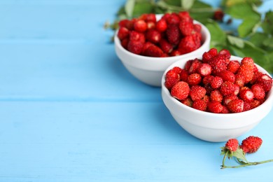 Fresh wild strawberries in bowls on light blue wooden table. Space for text