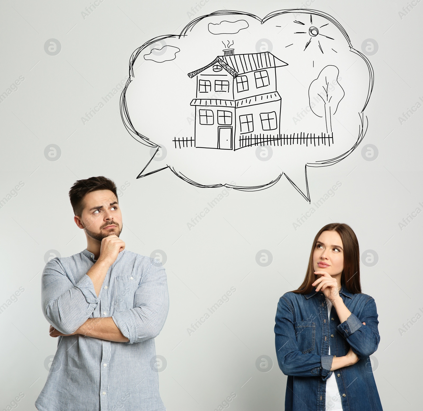 Image of Couple dreaming about new house. Illustration in speech bubble