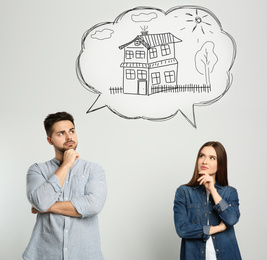 Image of Couple dreaming about new house. Illustration in speech bubble