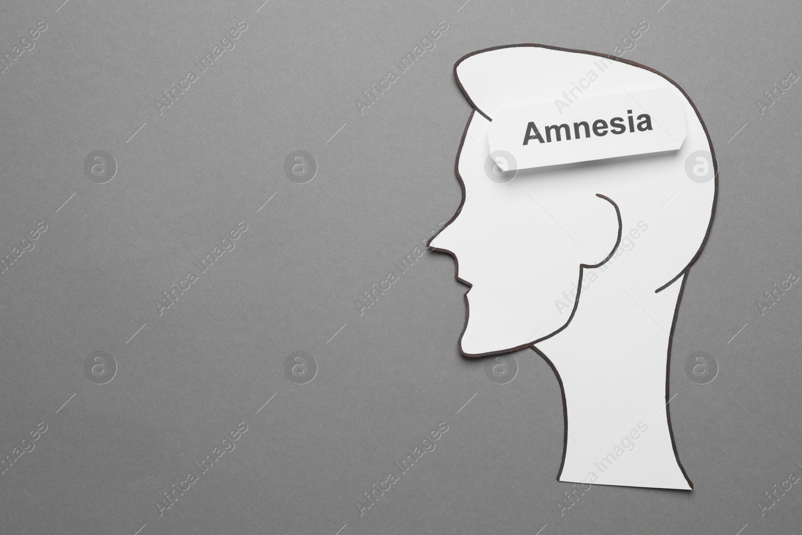 Photo of Card with word Amnesia and human head cutout on grey background, top view. Space for text