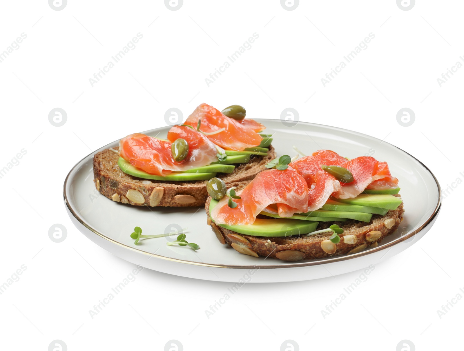 Photo of Delicious sandwiches with salmon, avocado and capers on white background