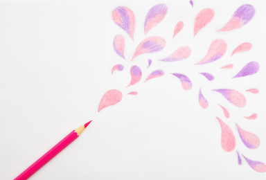 Photo of Abstract drawing and pink pencil on white background, top view
