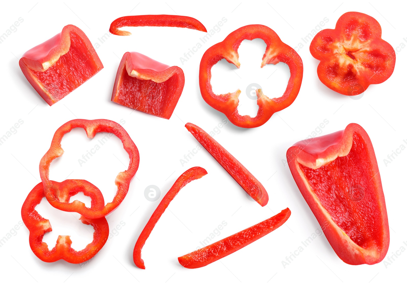 Image of Set of ripe red bell peppers on white background, top view