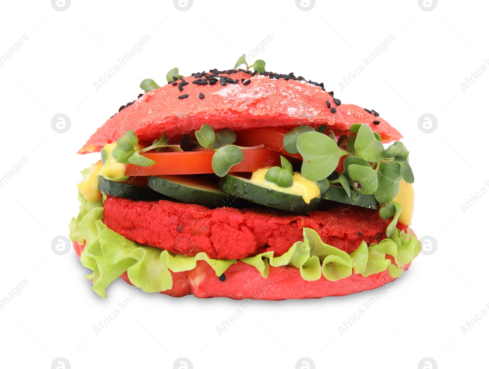 Photo of Tasty pink vegan burger with vegetables, patty and microgreens isolated on white