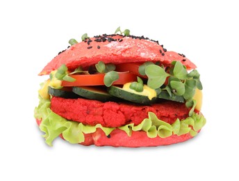 Photo of Tasty pink vegan burger with vegetables, patty and microgreens isolated on white