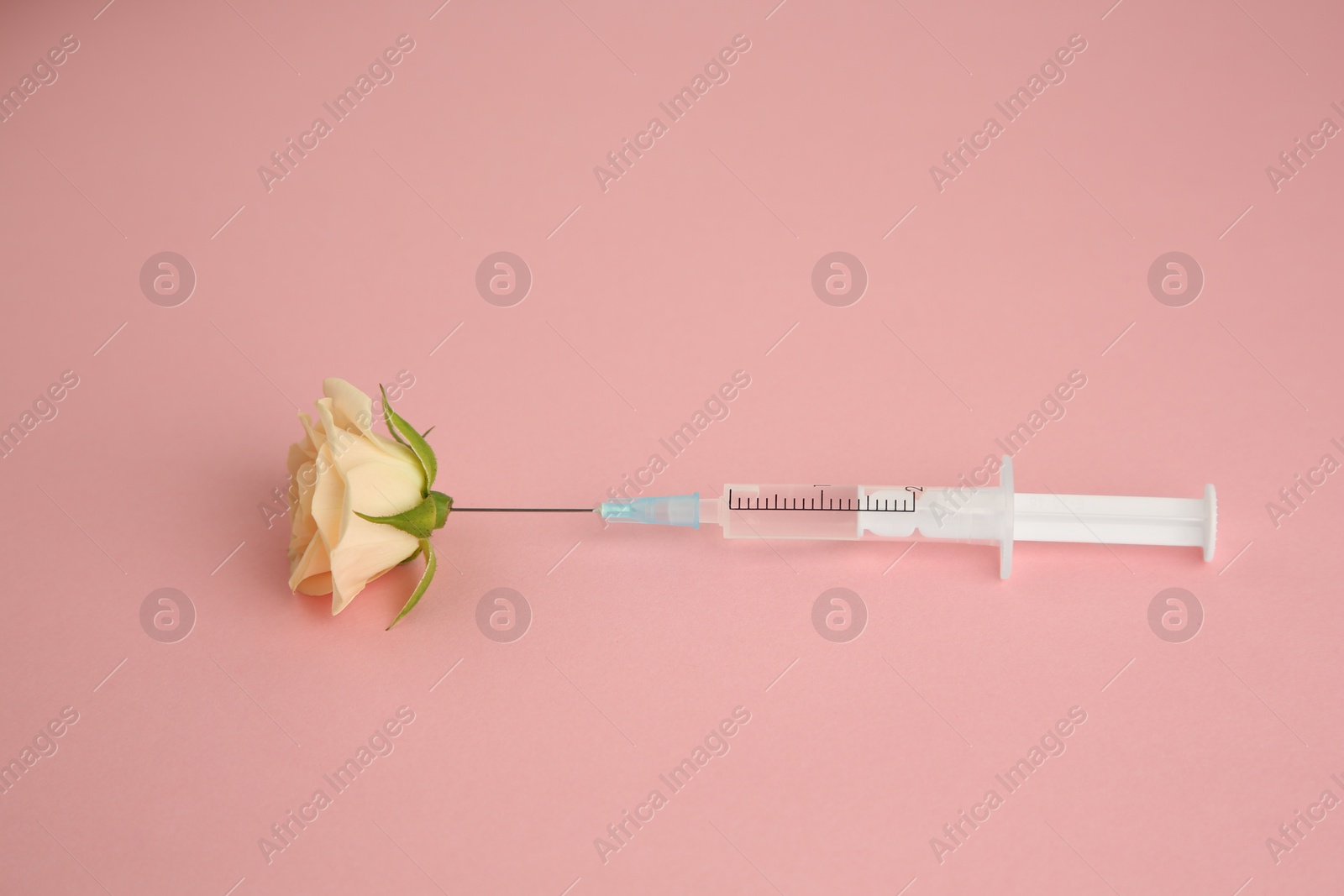 Medical syringe and beautiful rose on light pink background, above view Photo of Medical syringe and beautiful rose on light pink background, above view