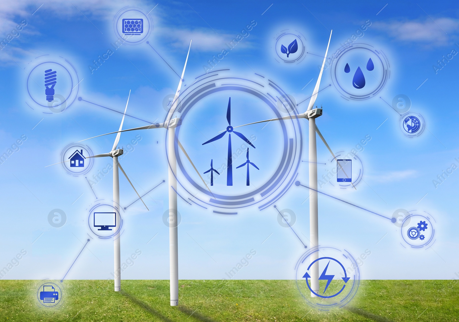 Image of Alternative energy source. Wind turbines in field under blue sky and scheme