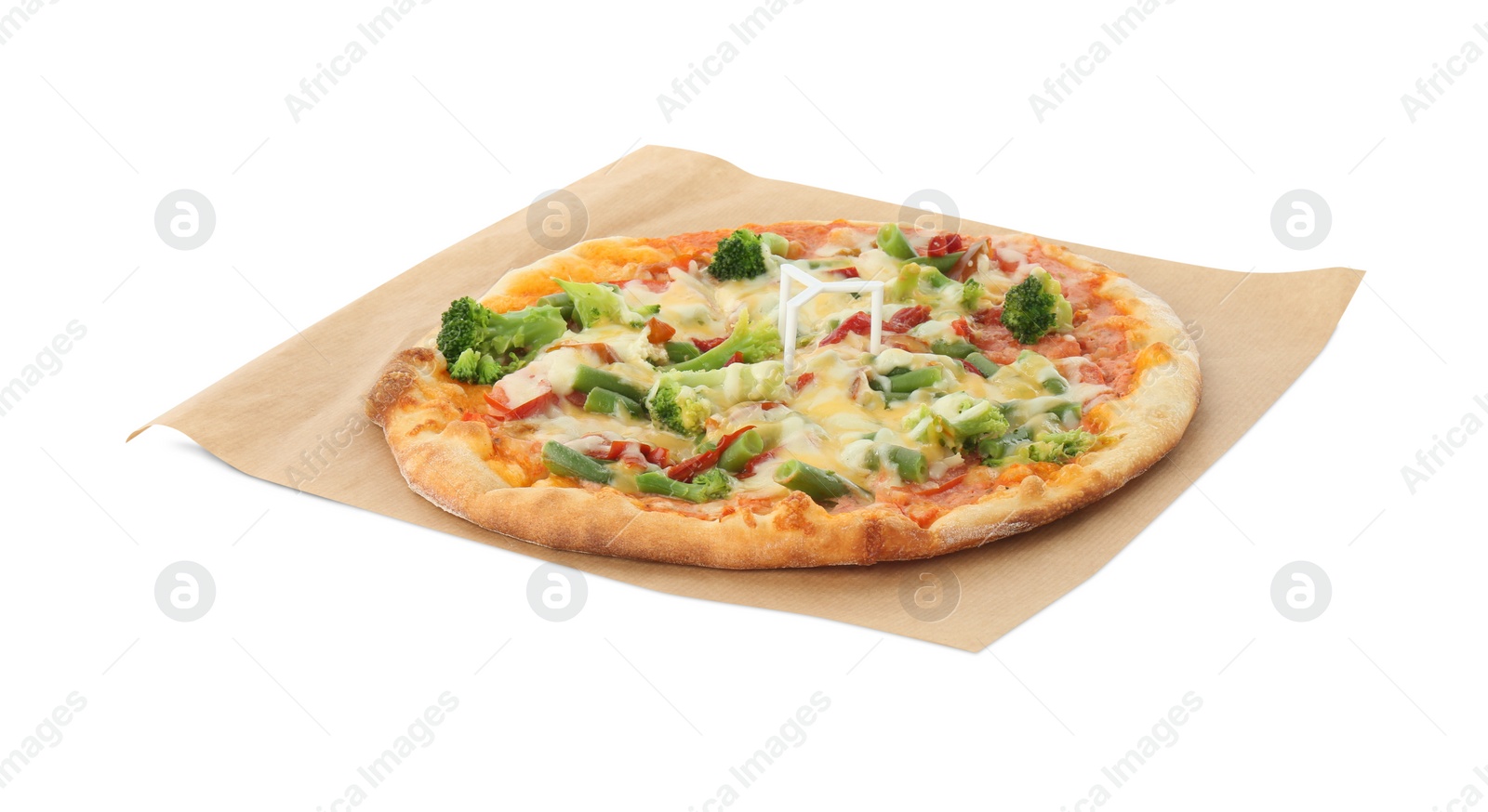 Photo of One delicious vegetarian pizza isolated on white