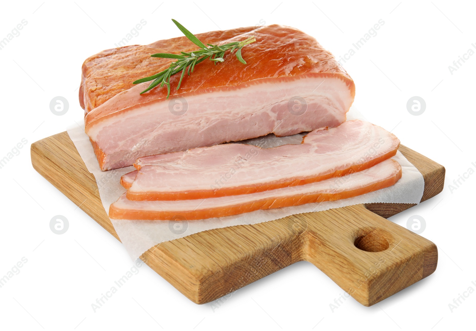 Photo of Delicious smoked bacon with rosemary on white background