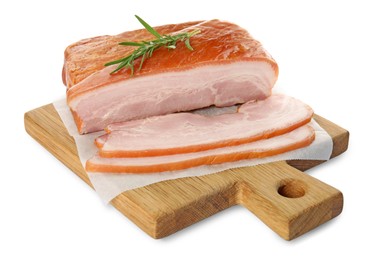 Photo of Delicious smoked bacon with rosemary on white background