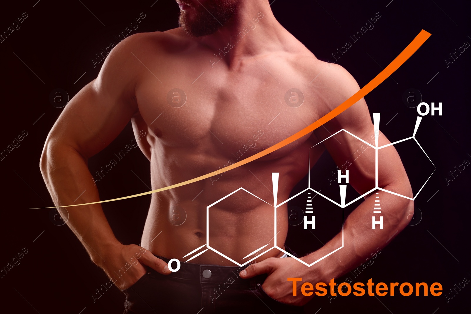 Image of Muscular man and structural formula of testosterone on black background, closeup