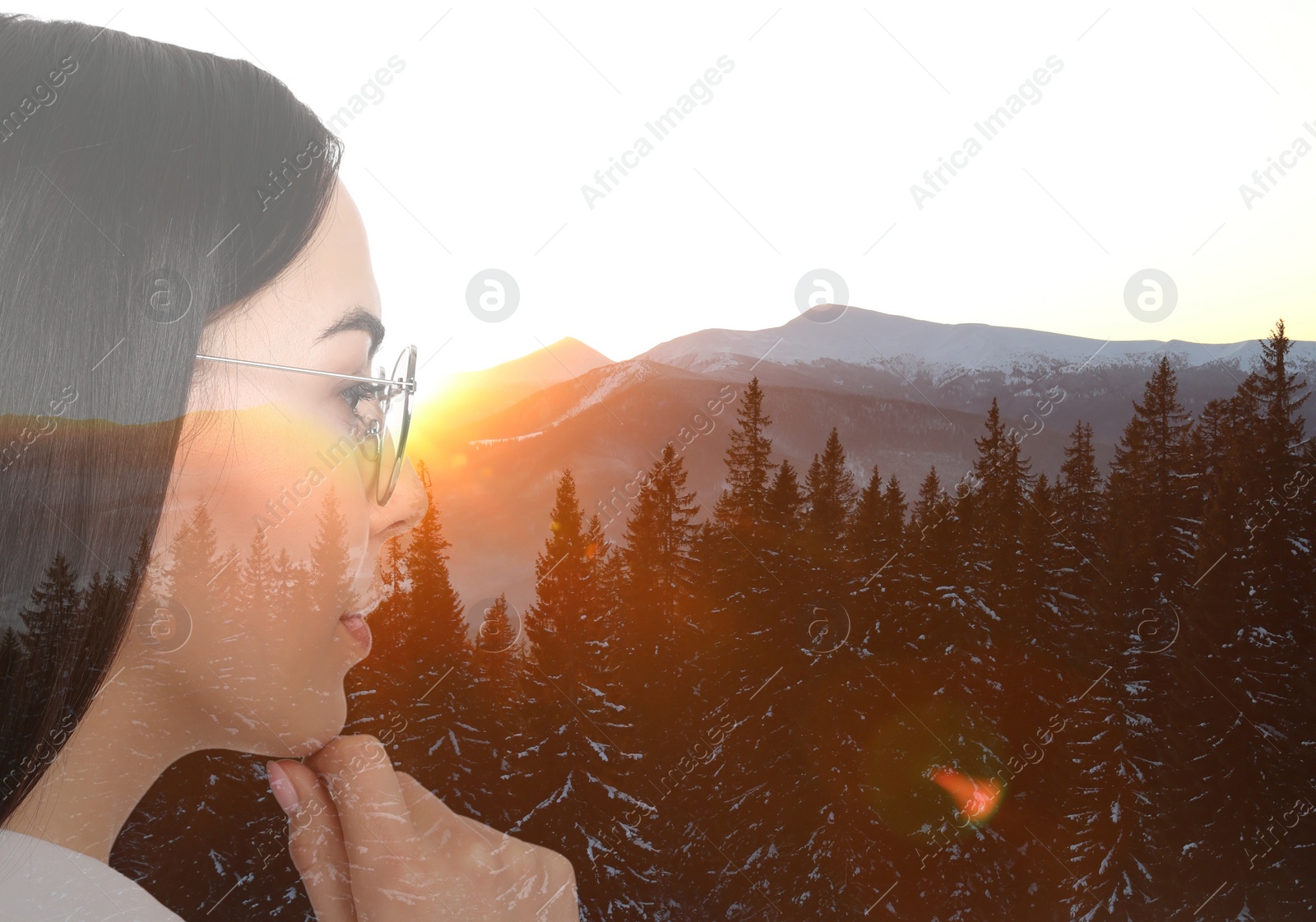 Image of Double exposure of beautiful woman and mountain landscape