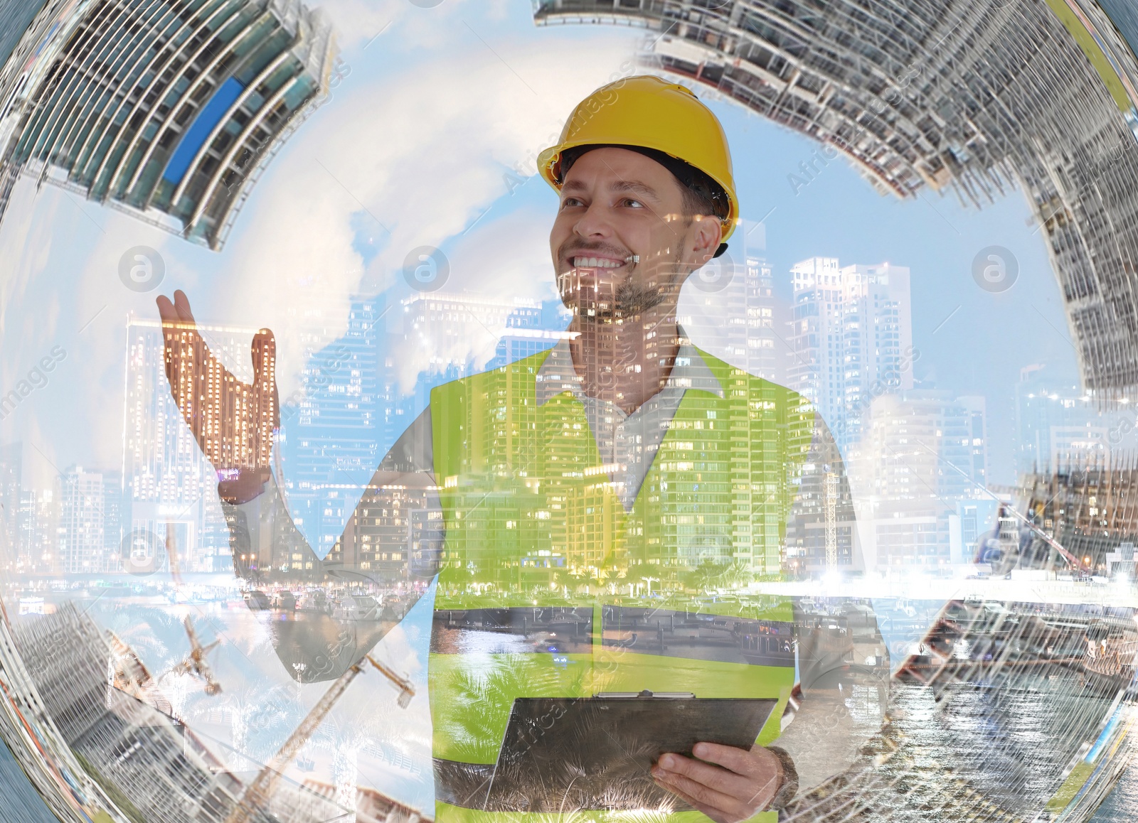 Image of Multiple exposure of industrial engineer, unfinished buildings and cityscape