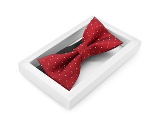 Stylish burgundy bow tie with polka dot pattern on white background