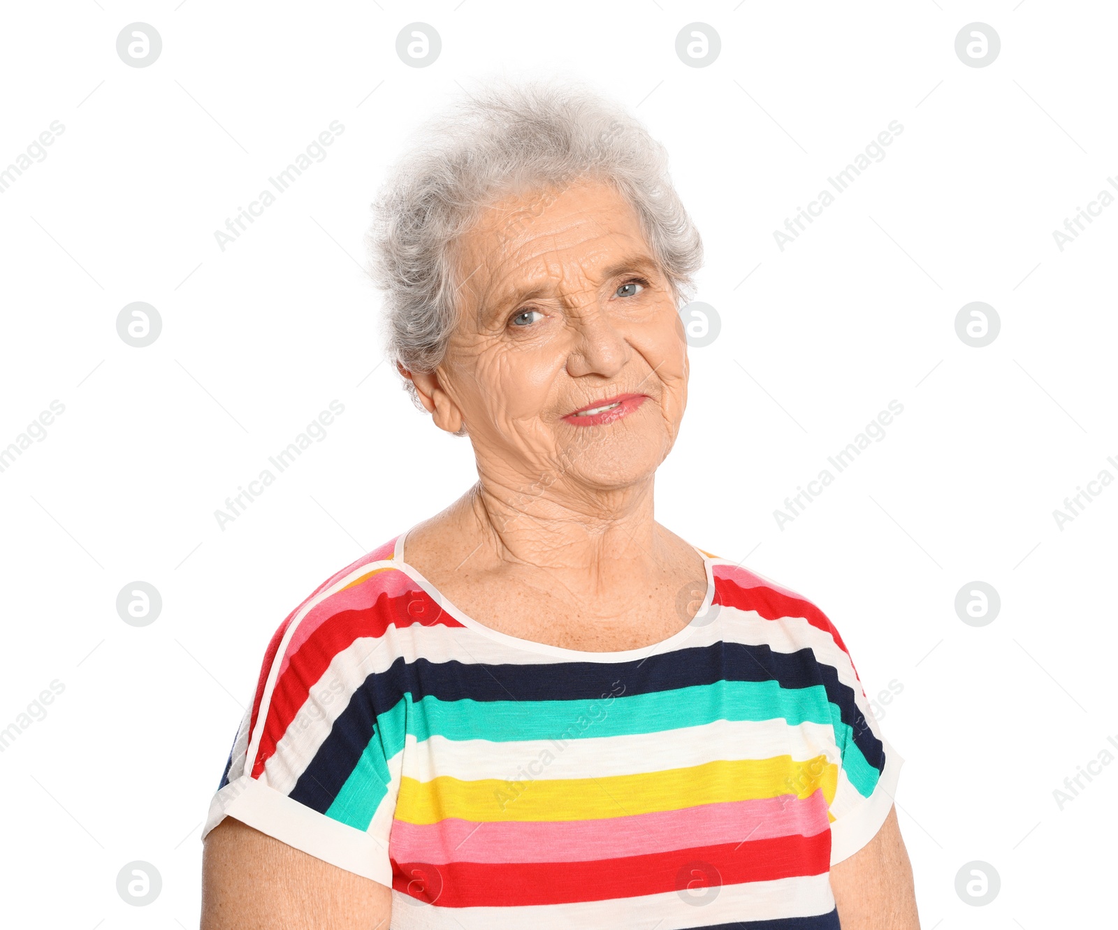 Photo of Portrait of elderly woman on white background