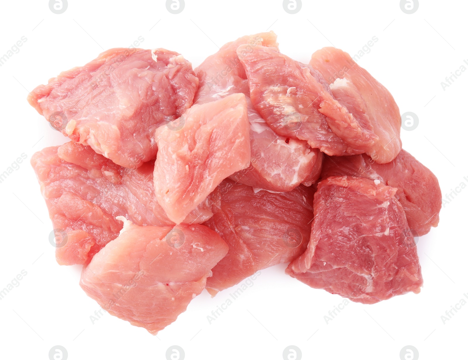 Photo of Pieces of raw meat isolated on white, top view