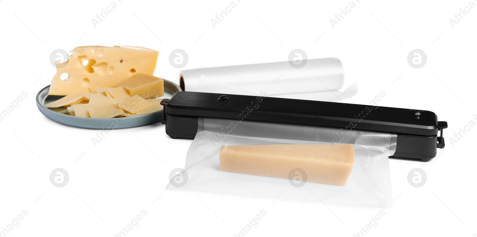 Photo of Vacuum packing sealer and plastic bag with cheese on white background