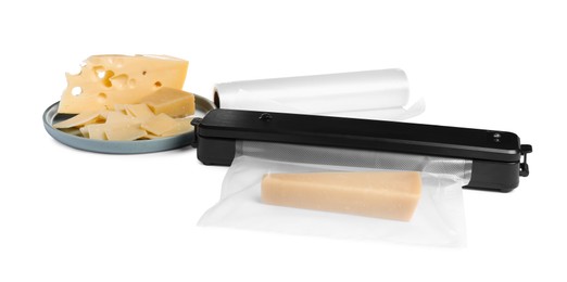 Photo of Vacuum packing sealer and plastic bag with cheese on white background