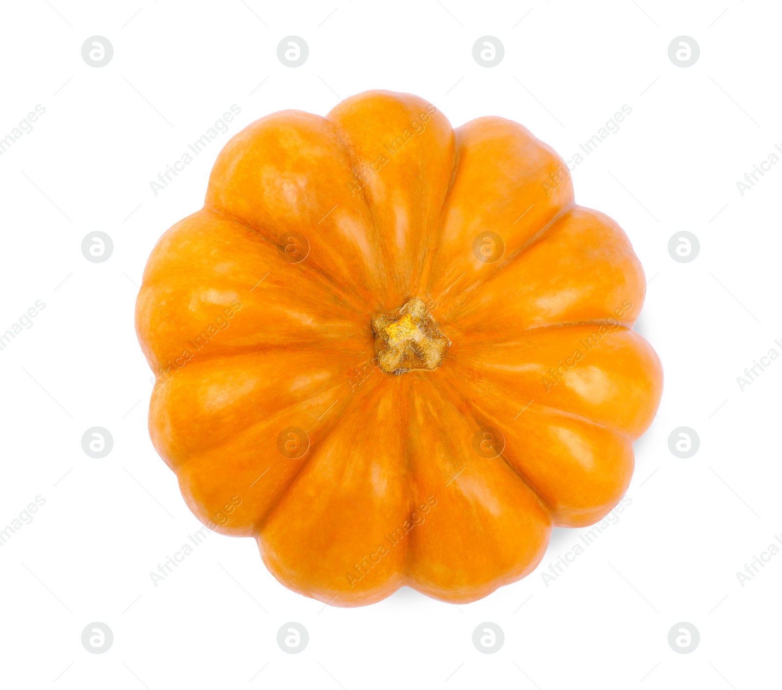 Photo of Fresh ripe pumpkin isolated on white, top view